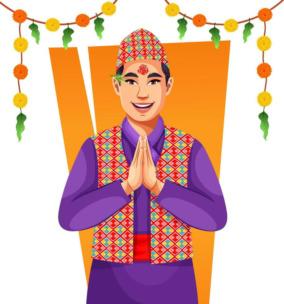 A young handsome Nepal guy with Dashain Tika posing for the camera. Character shows Welcome or Namaste pose vector