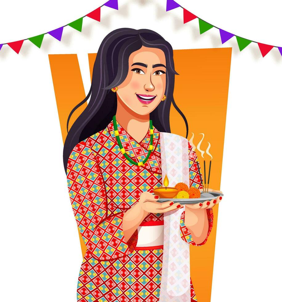 Nepal beautiful girl wearing ethnic clothes. Cartoon characters in traditional costume. Costume and Tourist Attractions vector flat illustration