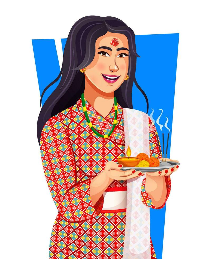 A Nepali beautiful woman wearing a Traditional Nepali cloth and jewellery. Woman holding decorated puja thali and showing welcome gesture celebrating Tihar festival vector