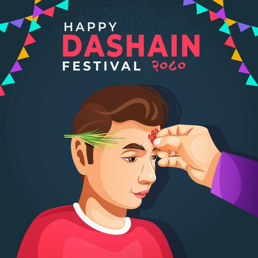 Young kid Receiving Tika and blessings from his Father, Celebrating Nepalese Dashain Festival. Banner design template vector