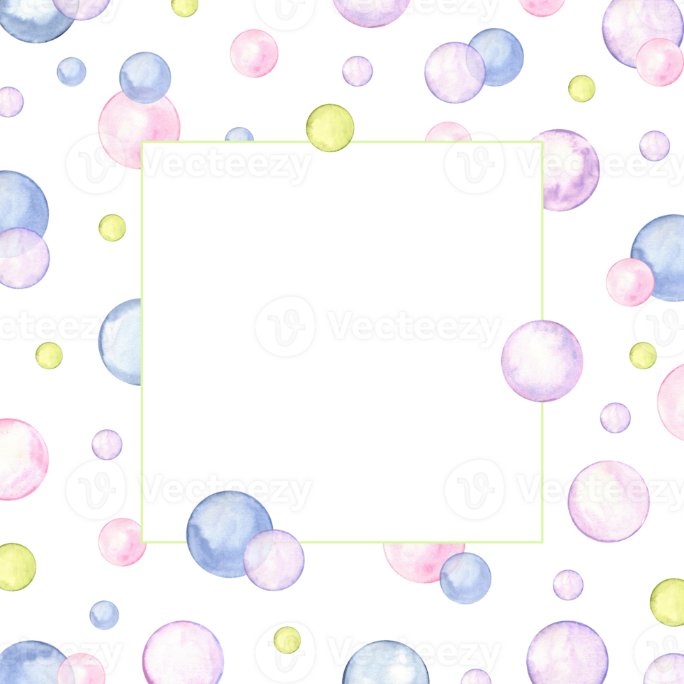 Square greeting card for any holiday or party. Circle in soft pastel colors. Splashes, polka dot, bubbles, round doodle spots, brush strokes, stains. Watercolor illustration png