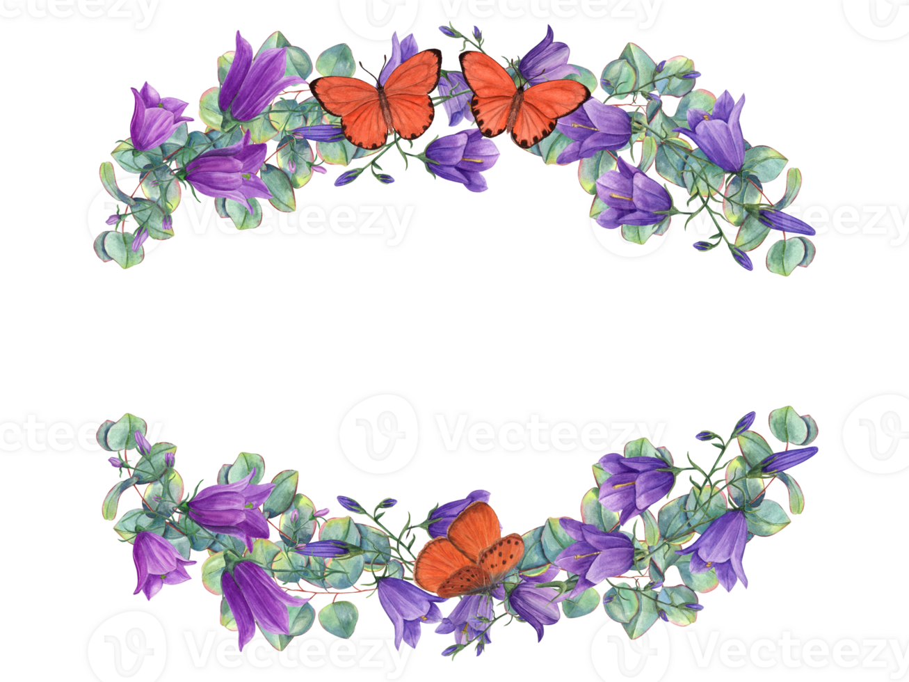 Graceful floral frame. Campanula, eucalyptus, harebells, blue bell flowers, orange butterflies. Watercolor illustration. Space for text. For label, greetings, invitation design png