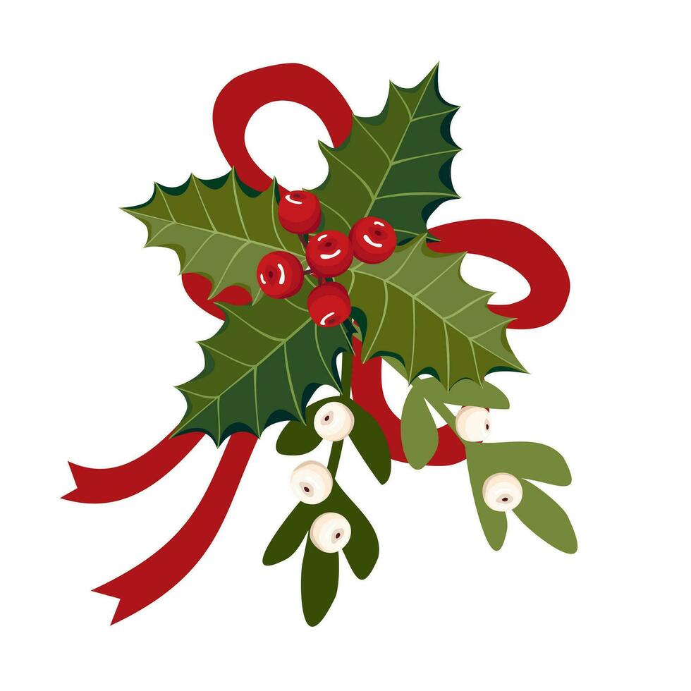 Mistletoe and holly bunch with ribbon. Christmas bouquet of mistletoe, holly and bow. Illustrated vector clipart.