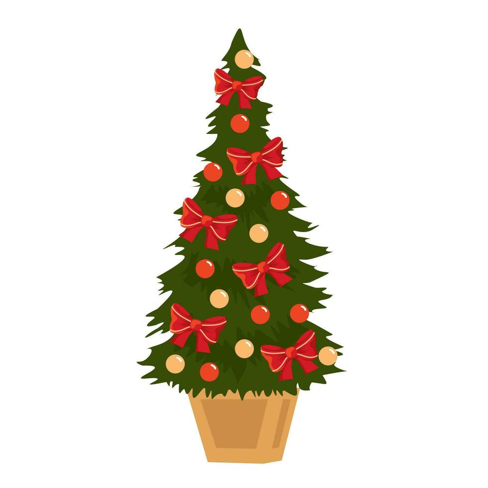 Decorated Christmas tree in a wooden stand. Illustrated vector clipart.