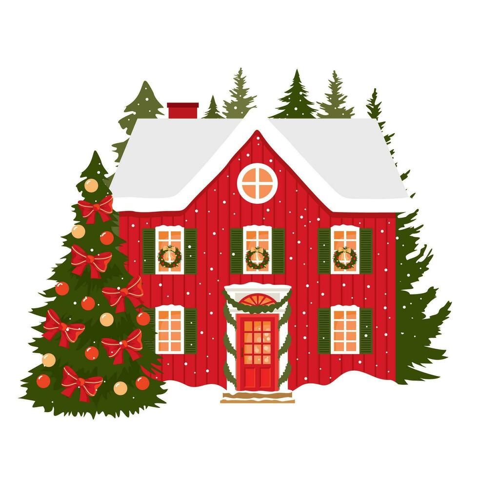 Navidad decorado rojo casa. Papa Noel noel casa. invierno rojo cabaña con un guirnalda y un Navidad árbol. ilustrado vector clipart.