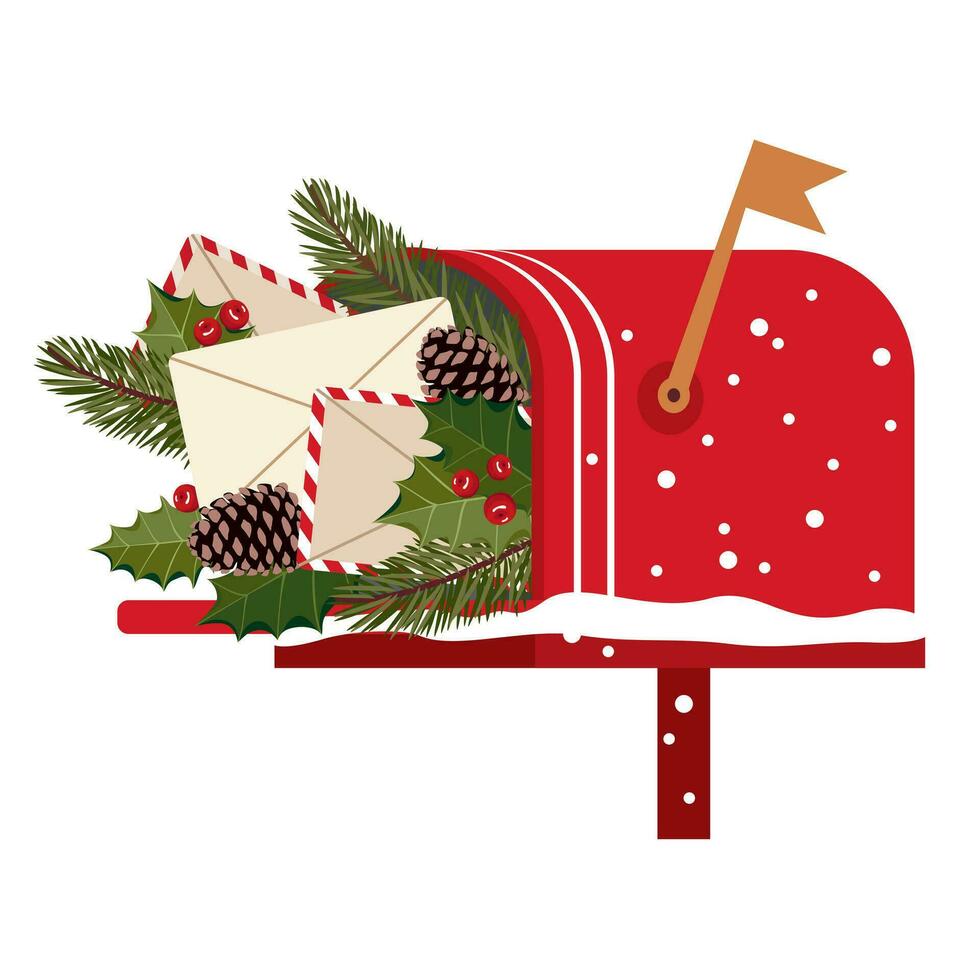 Red vintage Santa's mailbox. Christmas open mailbox with fir branches, holly and letters. Isolated vector clipart.