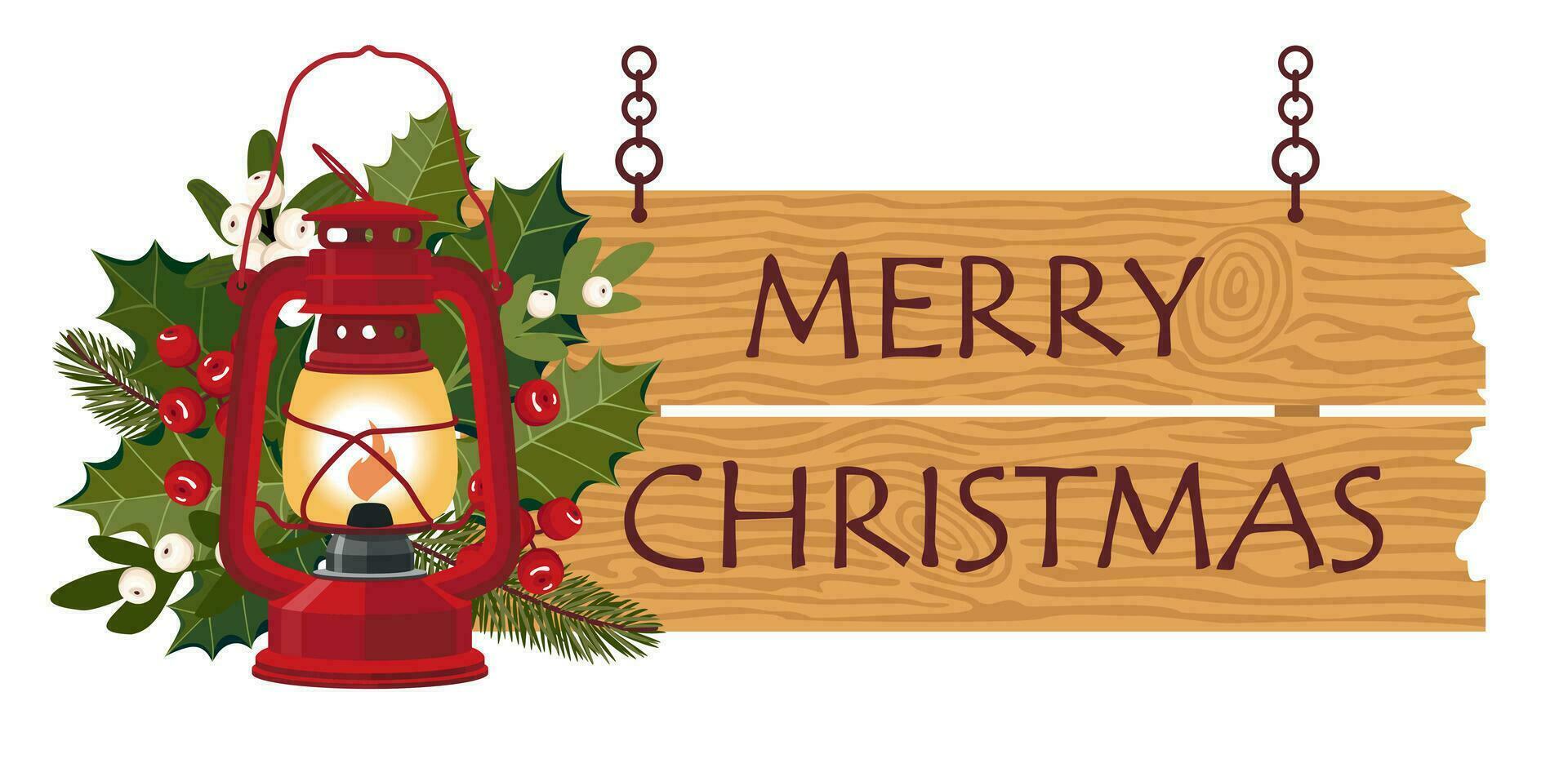 Red vintage lantern with wooden sign Merry Christmas. Traditional oil Lantern decorated with holly and mistletoe. vector