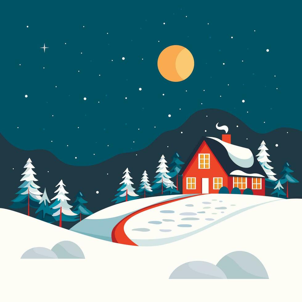 Winter night landscape with a red house. vector