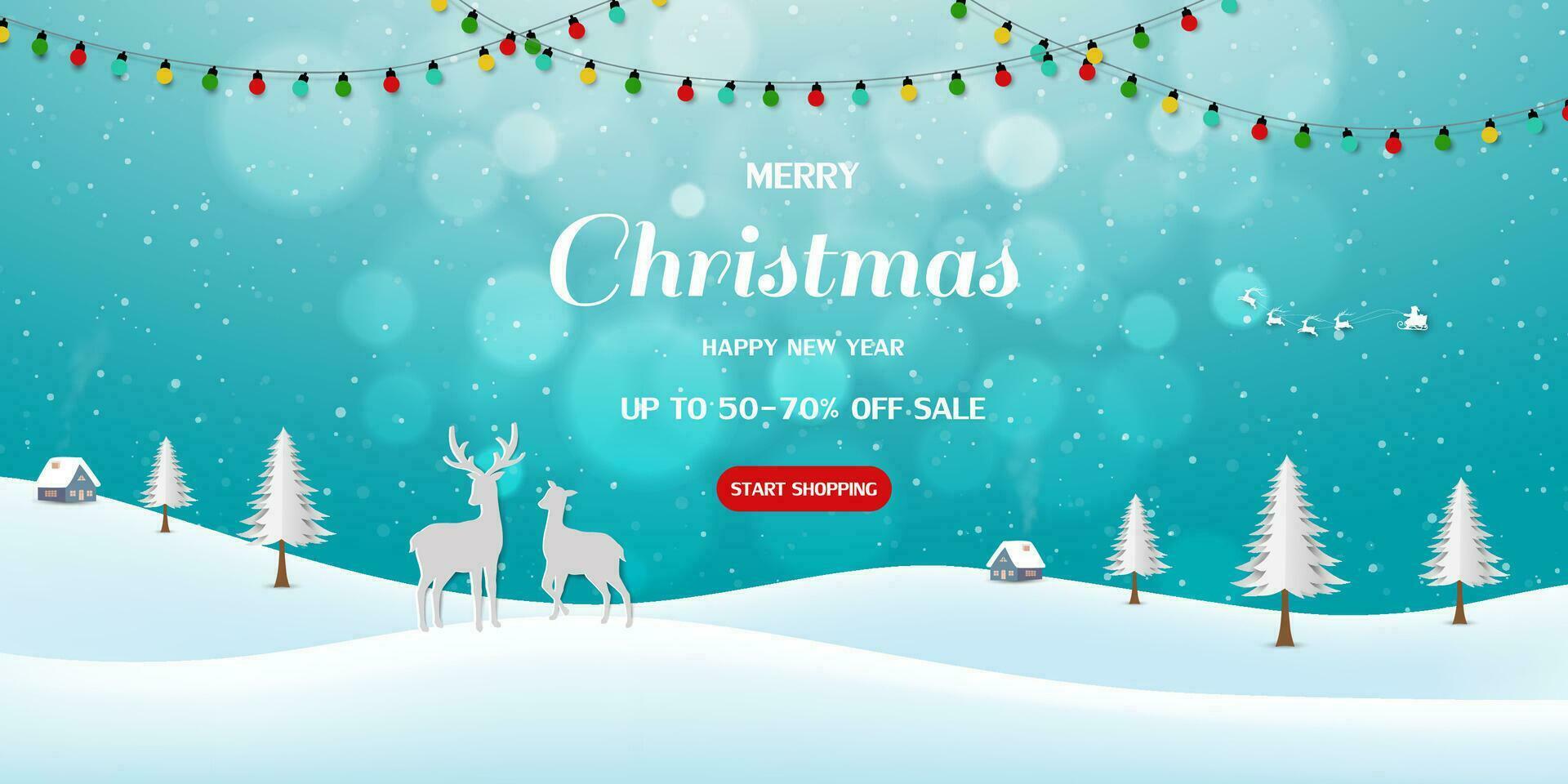 Merry Christmas and Happy new year sale horizontal background on winter landscape for discount promotion,flyers,banner,brochure,website or card vector