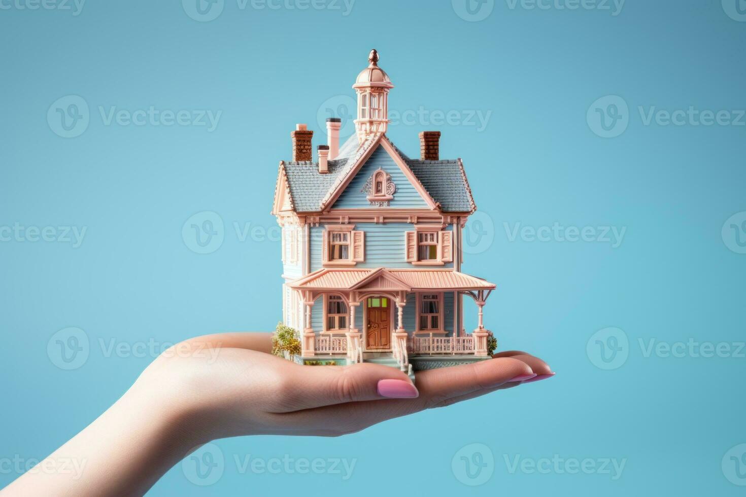 A woman holding a small model house in her hands. Real estate and insurance concept. Generative AI photo