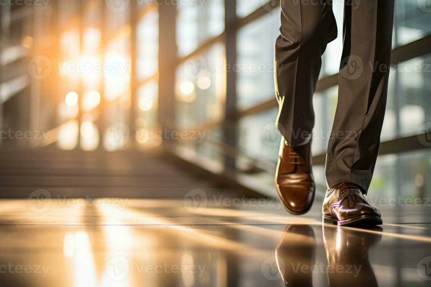 Close up shoes of businessman walking up on stairs into a glass office building. Generative AI photo