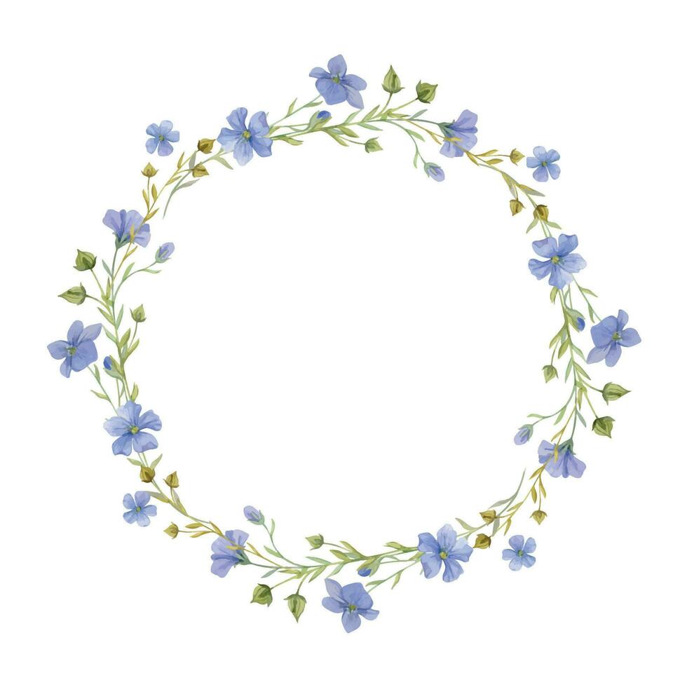 Hand drawn watercolor flax linen blue flowers, stems and leaves. Natural plant. Botanical illustration, circle wreath frame isolated on white background. For shop logo print, website, card, booklet. vector