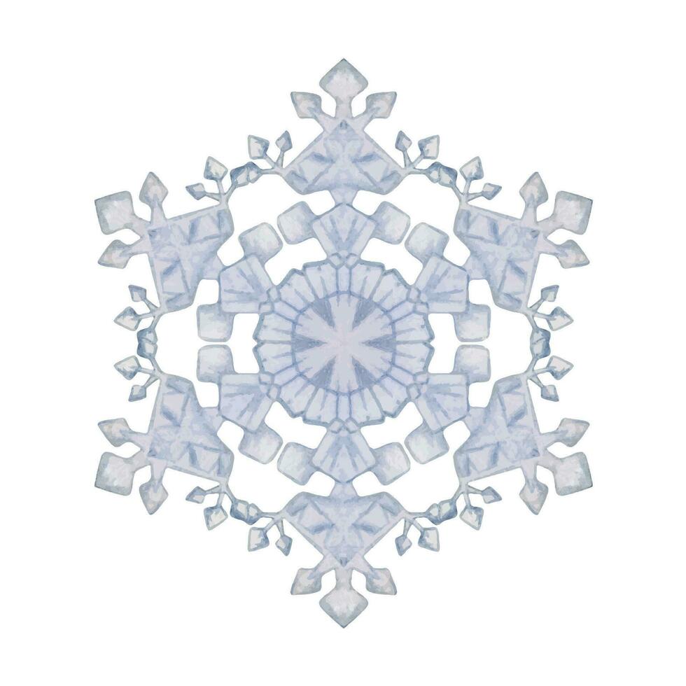 Hand drawn watercolor blue and silver snowflakes, water ice crystal frozen in winter. Illustration, single object isolated on white background. Design for holiday poster, print, website, card, booklet vector