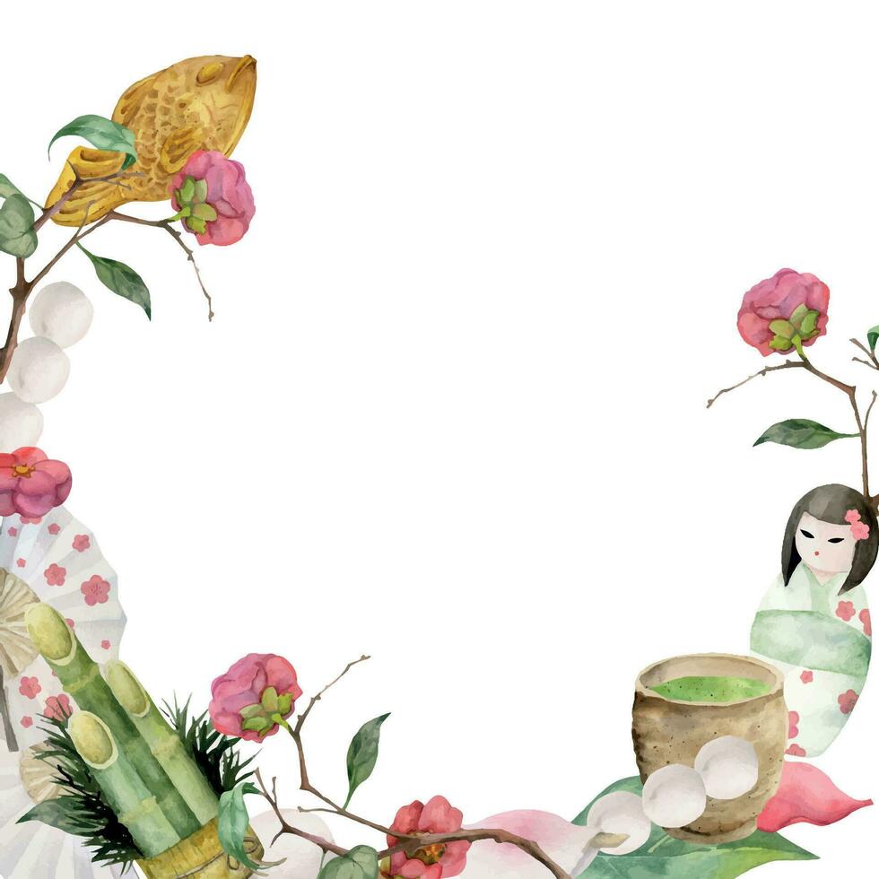 Watercolor hand drawn traditional Japanese sweets. Wreath of winter wagashi, camellia, objects. Isolated on white background. Design for invitations, restaurant menu, greeting cards, print, textile vector