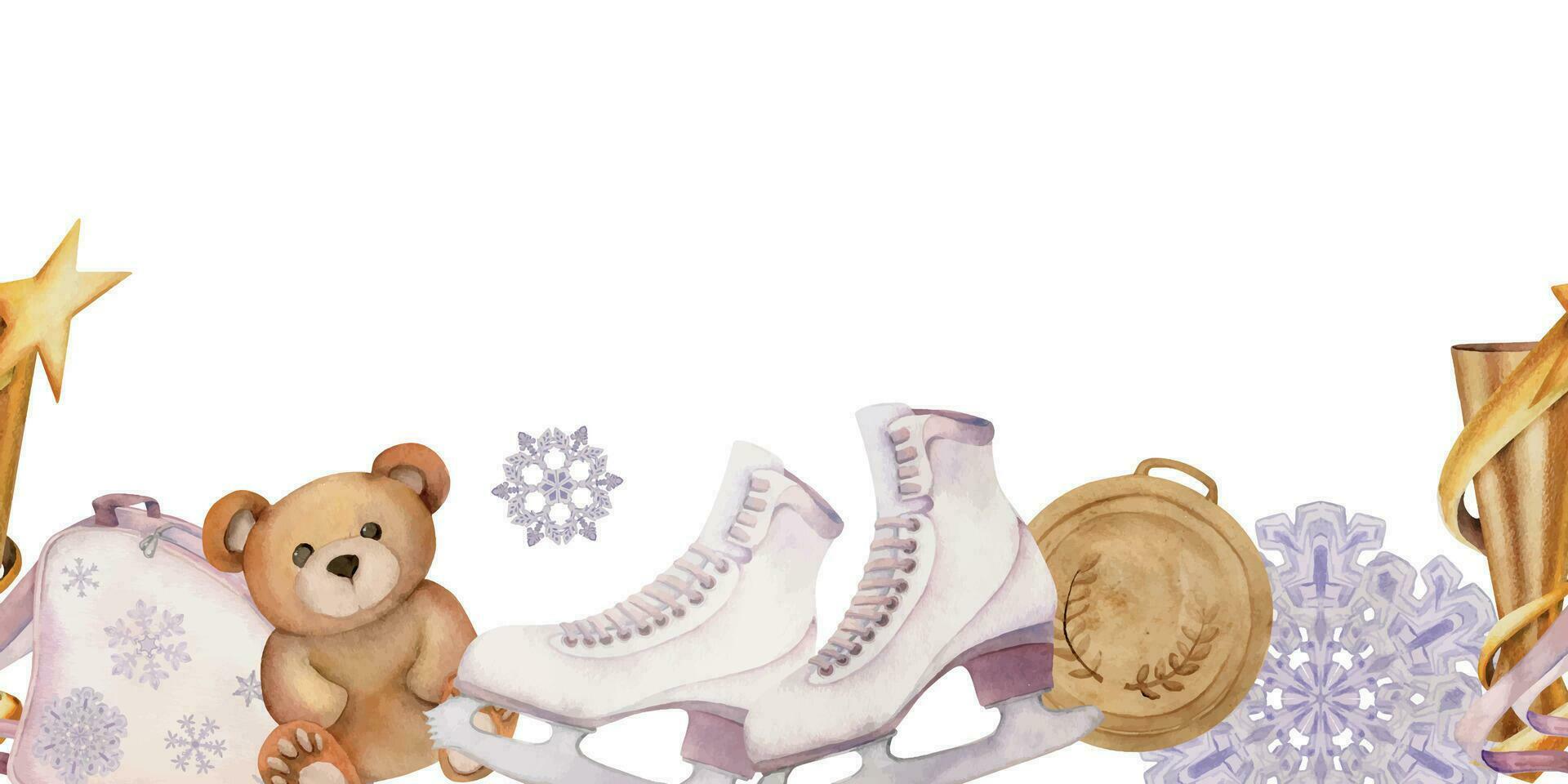 Hand drawn watercolor figure skating boots, winter sports, gold trophy medals, teddy bear. Illustration isolated seamless banner, white background. Design for poster, print, website, card, invitation vector