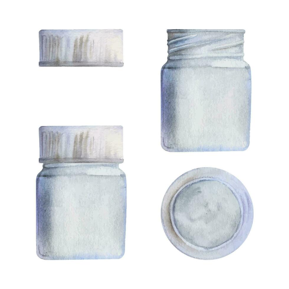 Watercolor hand drawn illustration, painting materials supplies, white and gray bottle with cap, closed and opened. Single object isolated on white. For school, party, artists, cards, website, shop vector