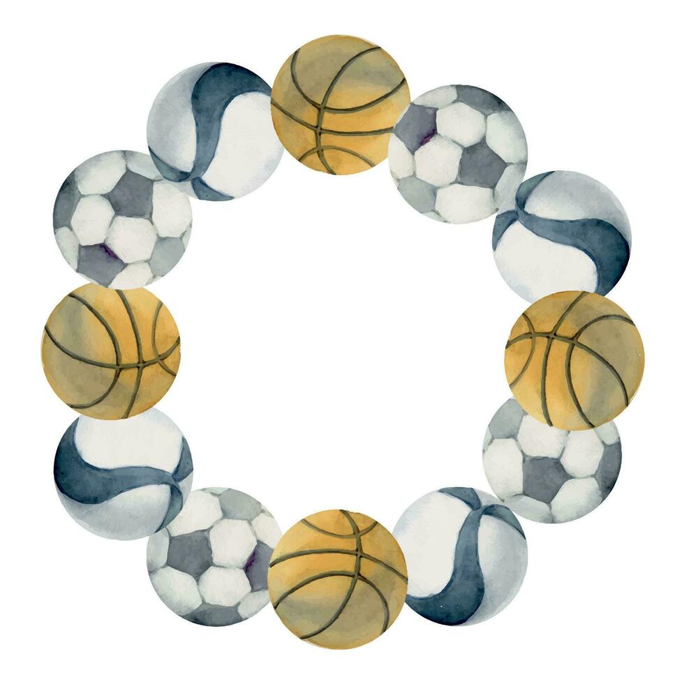 Hand drawn watercolor sports equipment, basketball volleyball soccer football, health fitness lifestyle. Illustration isolated wreath frame white background. Design poster, print, website, card, shop vector