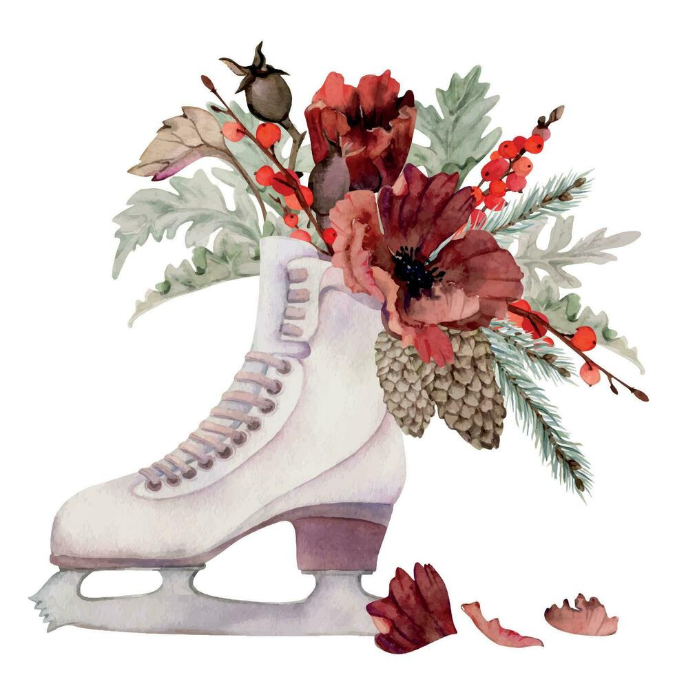 mano dibujado acuarela figura Patinaje botas con flor composiciones, invierno Deportes calzado. ilustración aislado en blanco antecedentes. diseño póster, imprimir, sitio web, tarjeta, invitación, tienda folleto vector