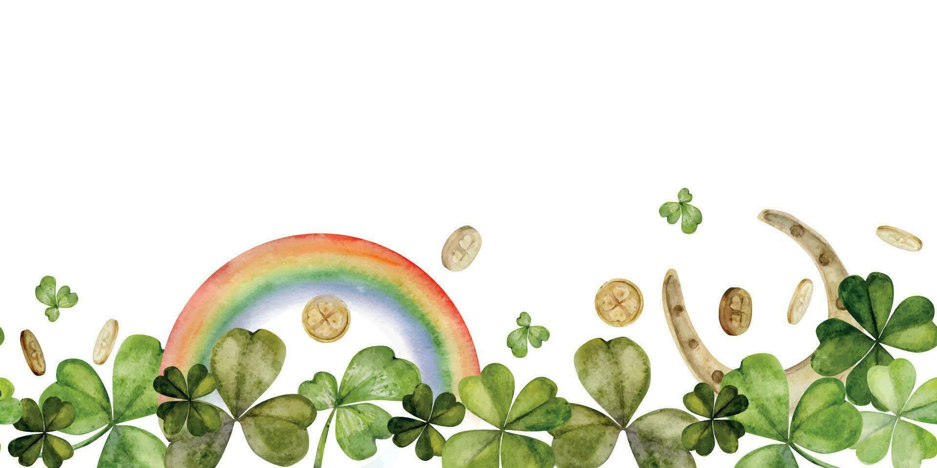 Watercolor hand drawn illustration, Saint Patrick holiday. Leprechaun gold coins rainbow, lucky clover and horseshoe. Seamless border. Isolated on white background. Invitations, print, website, cards. vector