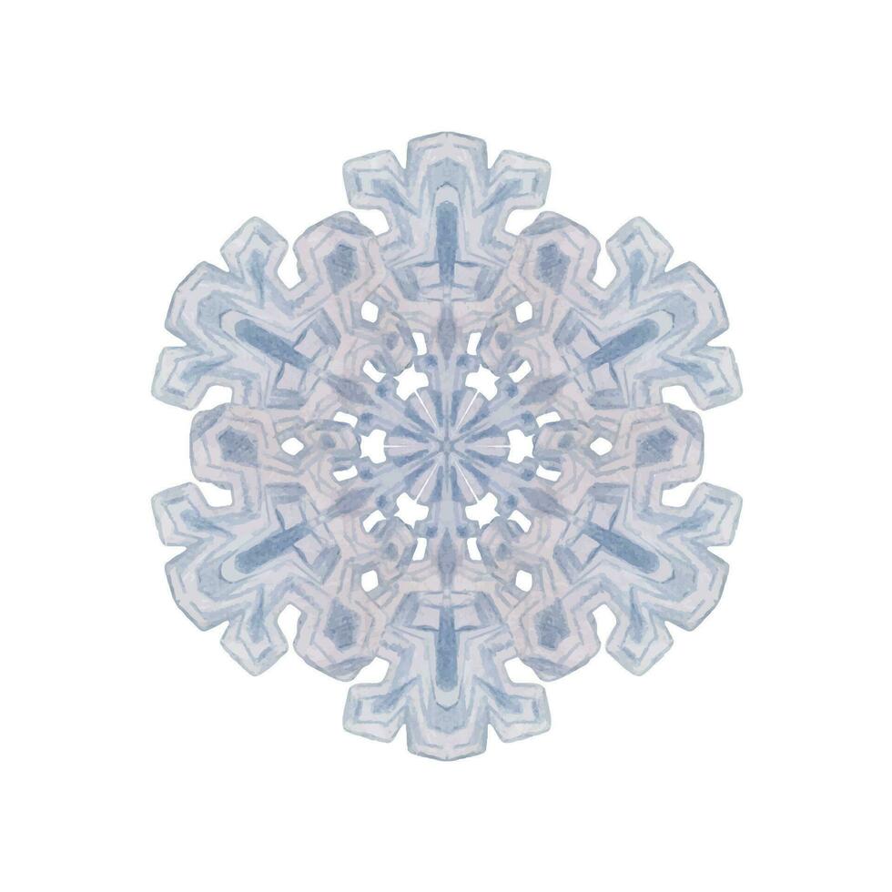 Hand drawn watercolor blue and silver snowflakes, water ice crystal frozen in winter. Illustration, single object isolated on white background. Design for holiday poster, print, website, card, booklet vector