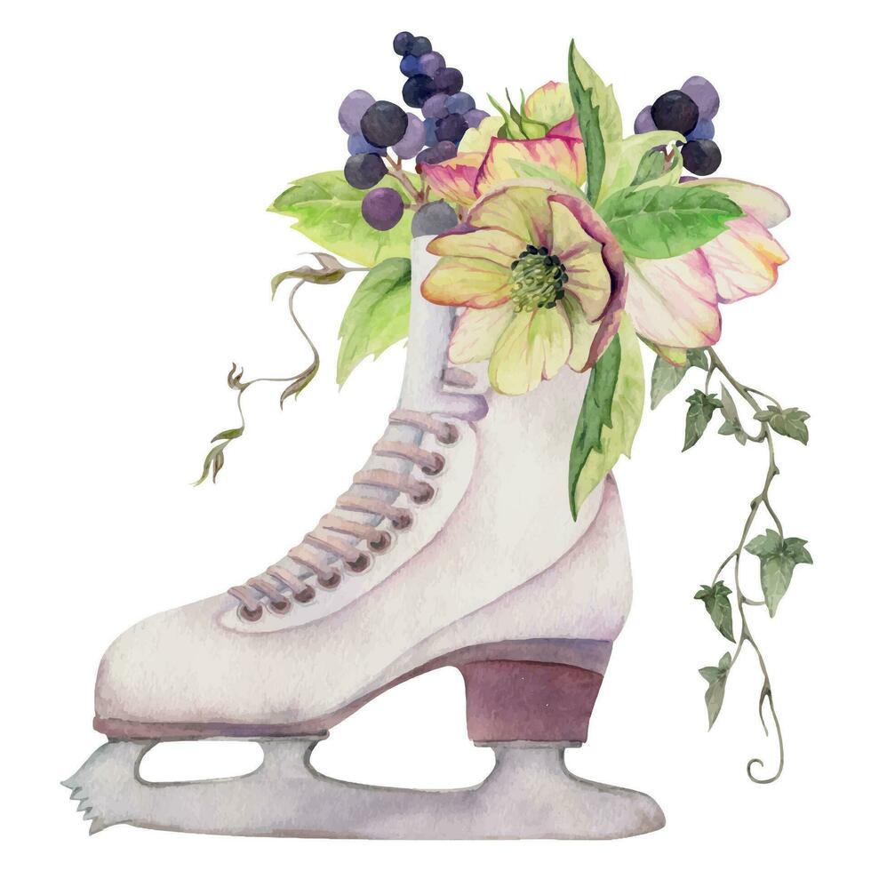 mano dibujado acuarela figura Patinaje botas con flor composiciones, invierno Deportes calzado. ilustración aislado en blanco antecedentes. diseño póster, imprimir, sitio web, tarjeta, invitación, tienda folleto vector