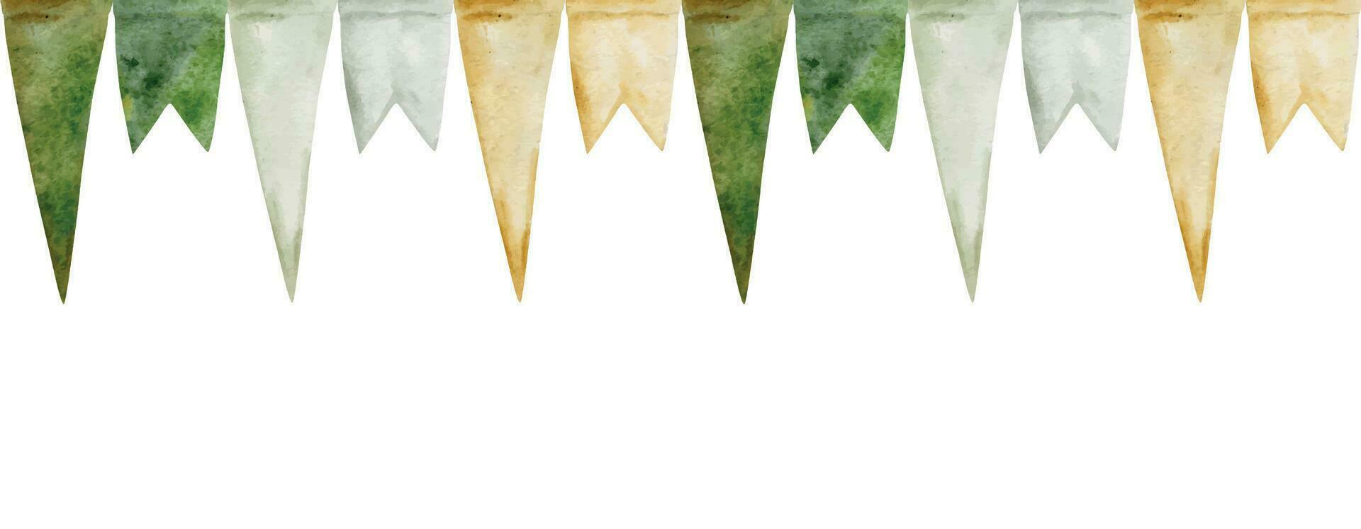 Watercolor hand drawn illustration, Saint Patrick holiday. Seamless border. Ireland tradition, symbols, national colors flags. Isolated on white background. For invitations, print, website, cards. vector