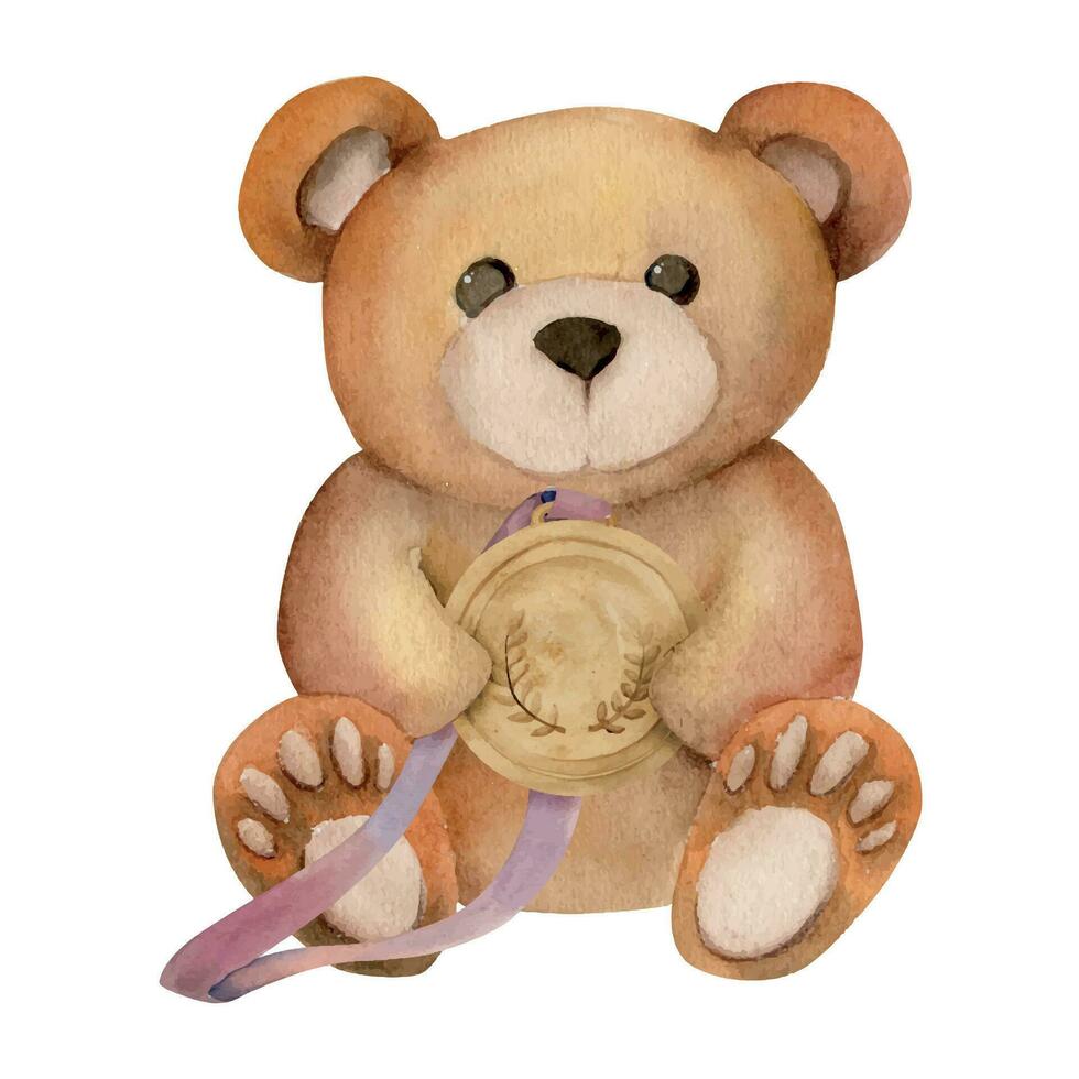Hand drawn watercolor plush toy bear with sports competition trophy, gold medal first prize. Illustration isolated on white background. Design poster, print, website, card, invitation, shop brochure vector