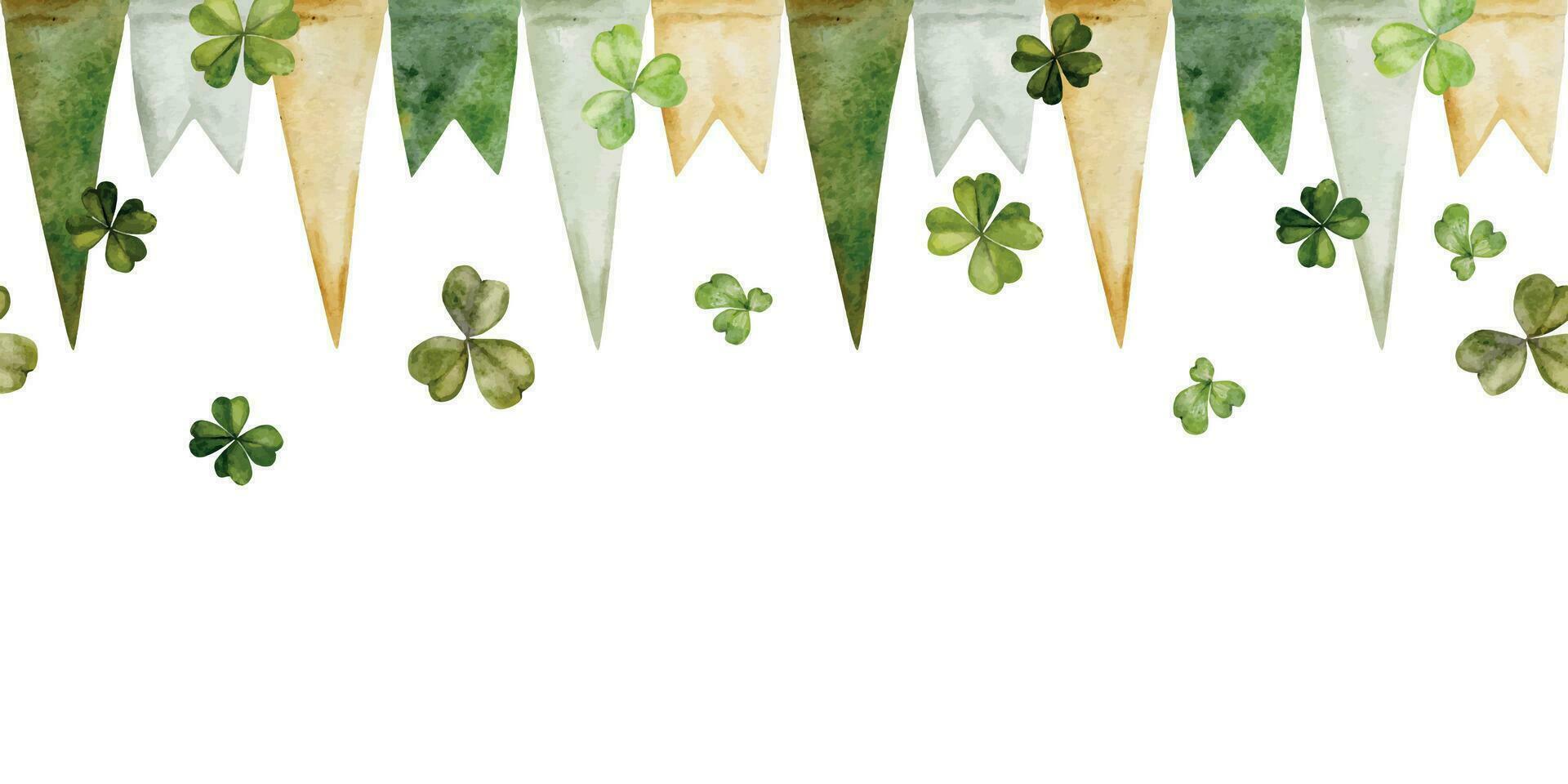 Watercolor hand drawn illustration, Saint Patrick holiday. Seamless border. Ireland tradition, symbols, national colors flags. Isolated on white background. For invitations, print, website, cards. vector