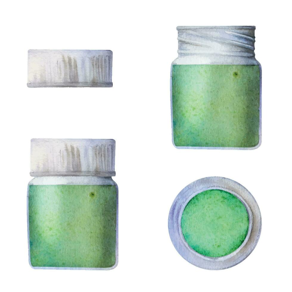 Watercolor hand drawn illustration, kids children paint materials supplies, green color bottle with cap, closed and opened. Single object isolated on white. For school, shop, party, cards, website vector