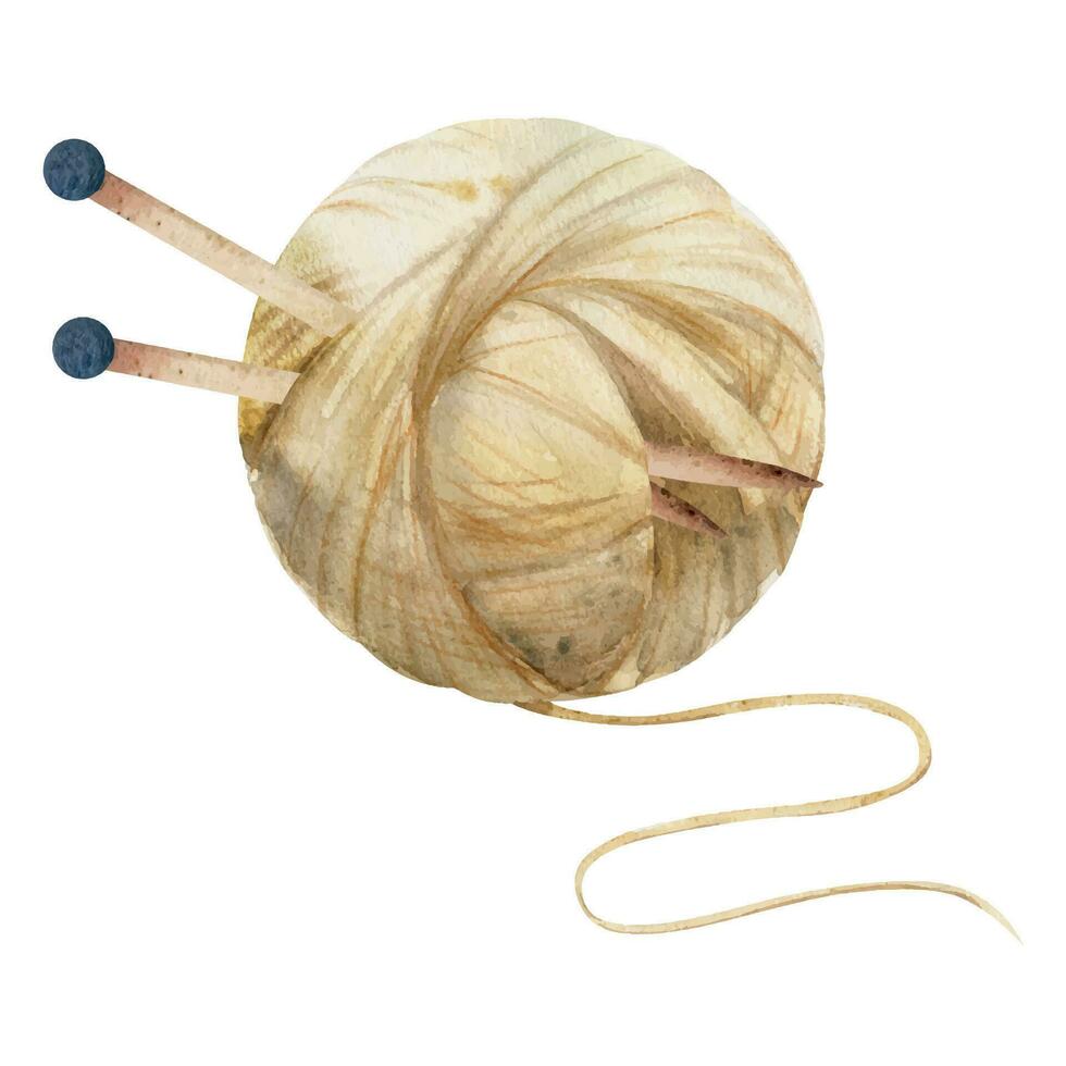Hand drawn watercolor illustration. Beige ball of yarn with needles, hobby knitting handmade weave, natural color wool. Composition isolated on white background. For shop, logo, print, paper, card vector