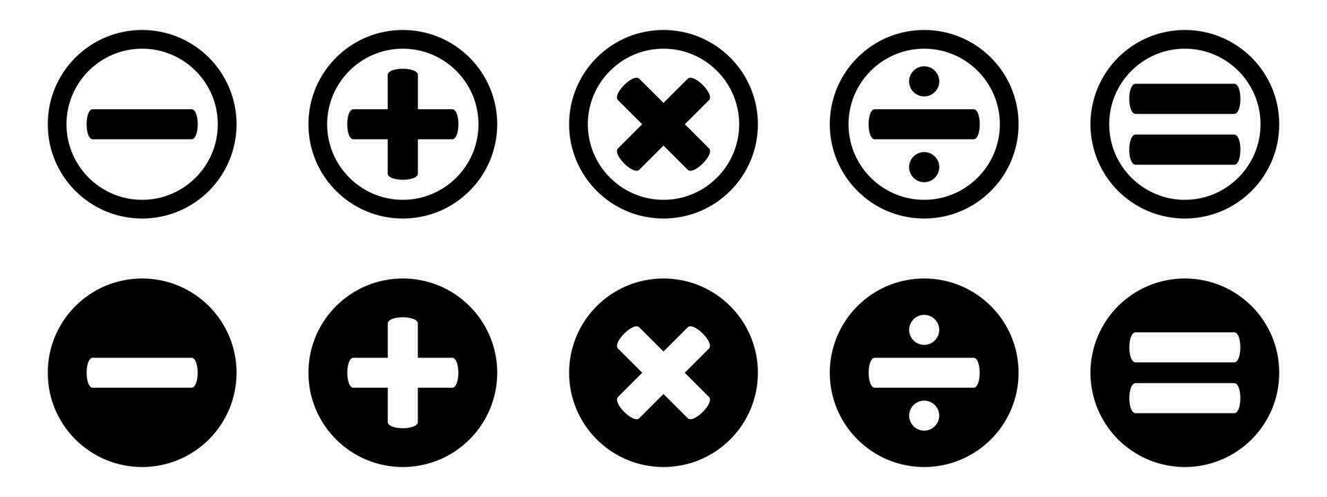 Basic mathematical icon, basic mathematical symbol. Set of mathematical symbols -plus, minus, multiplication, division, equals. Isolated vector illustration on a white background.