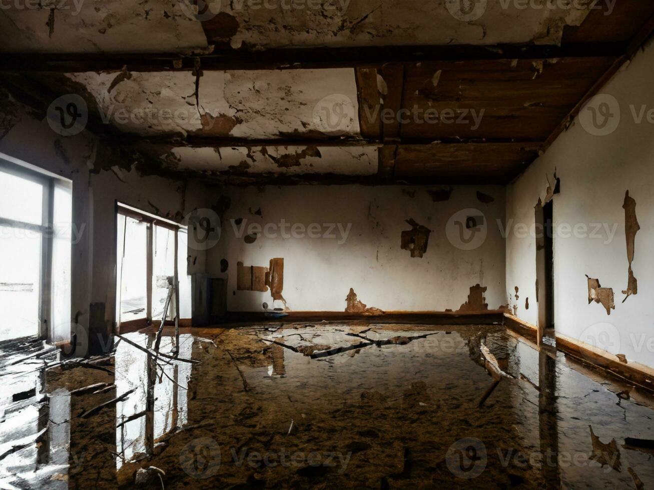 interior of a house after a flooded earthquake, photo