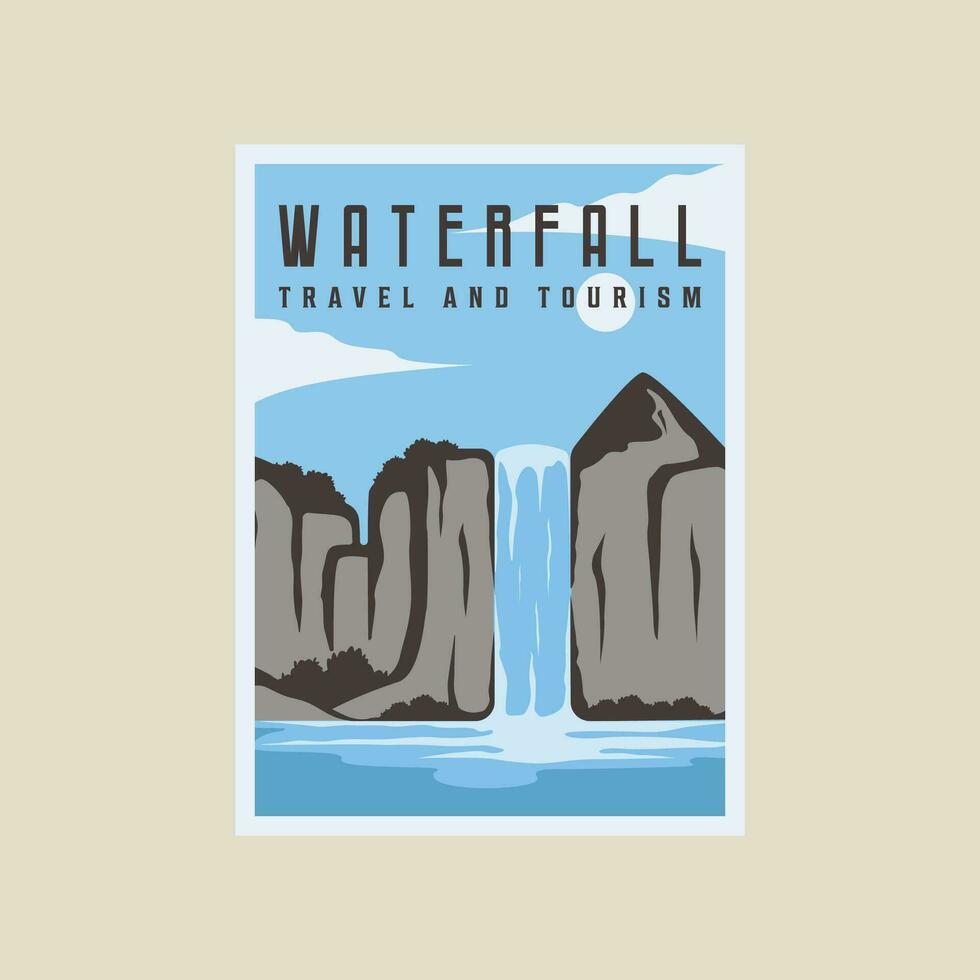 waterfall poster vector illustration template graphic design. beautiful landscaped in nature banner and sign for travel and tourism business concept