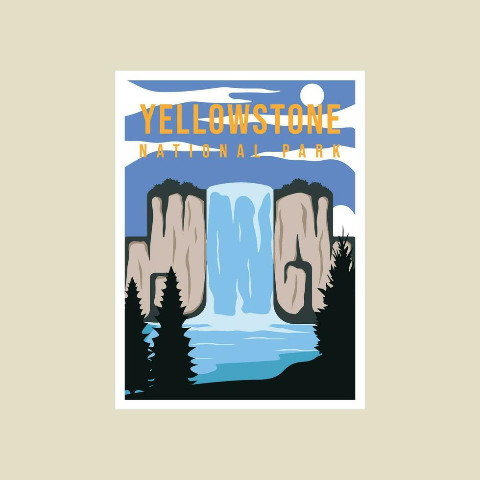 yellowstone national park poster vector illustration template graphic design. waterfall in nature beautiful landscaped banner and sign travel and tourism business concept