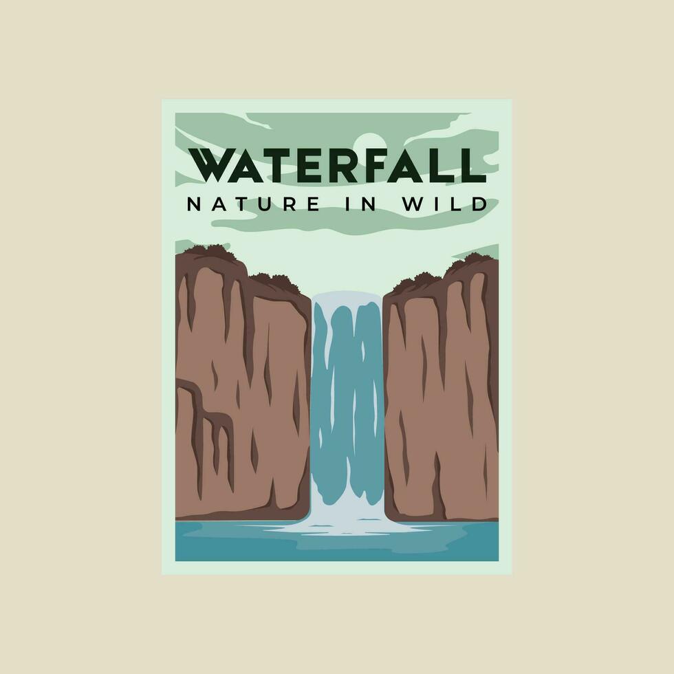 waterfall poster vector illustration template graphic design. beautiful landscaped in nature banner and sign for travel and tourism business concept