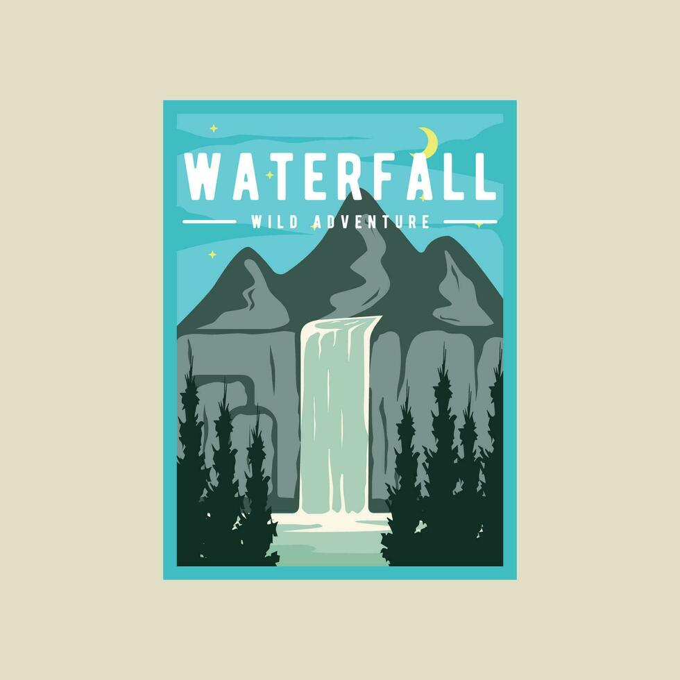 waterfall at mountains poster vector illustration template graphic design. beautiful landscaped banner and sign for travel and tourism business concept