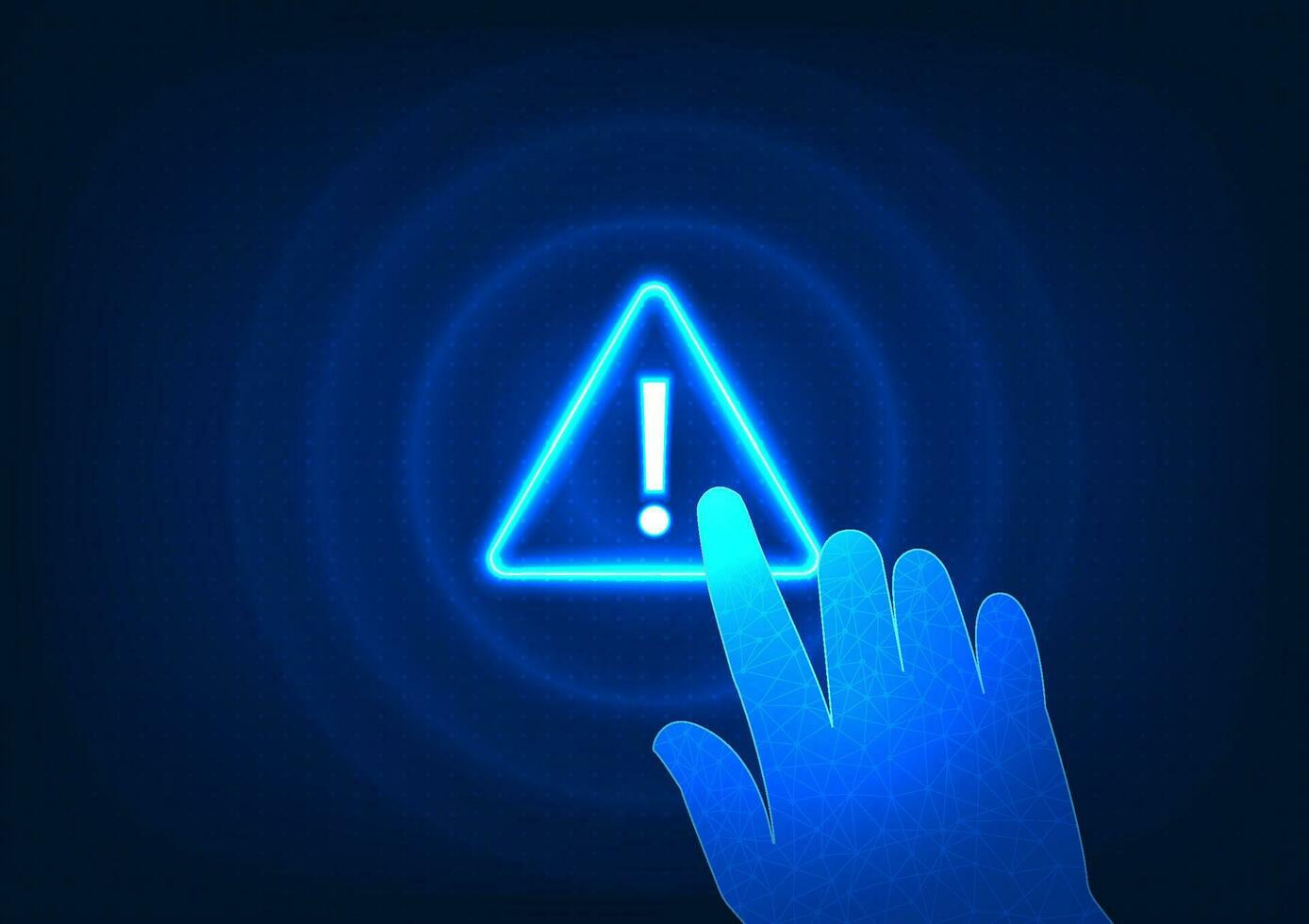 Notification technology The hand pressing the alert symbol indicates a system notification of a technological data processing error. vector