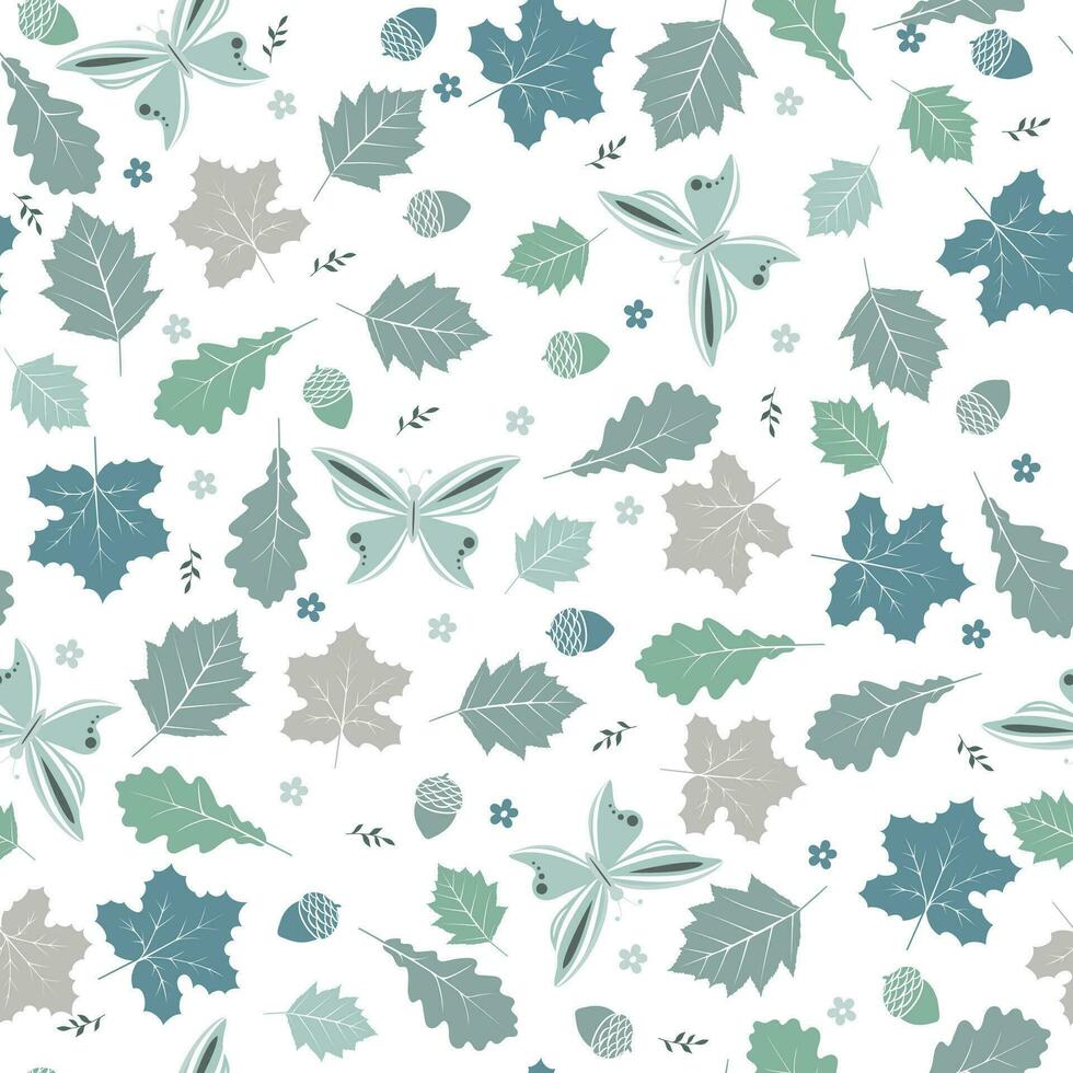 Seamless autumn pattern with leaves, acorns, twigs and butterfly. vector