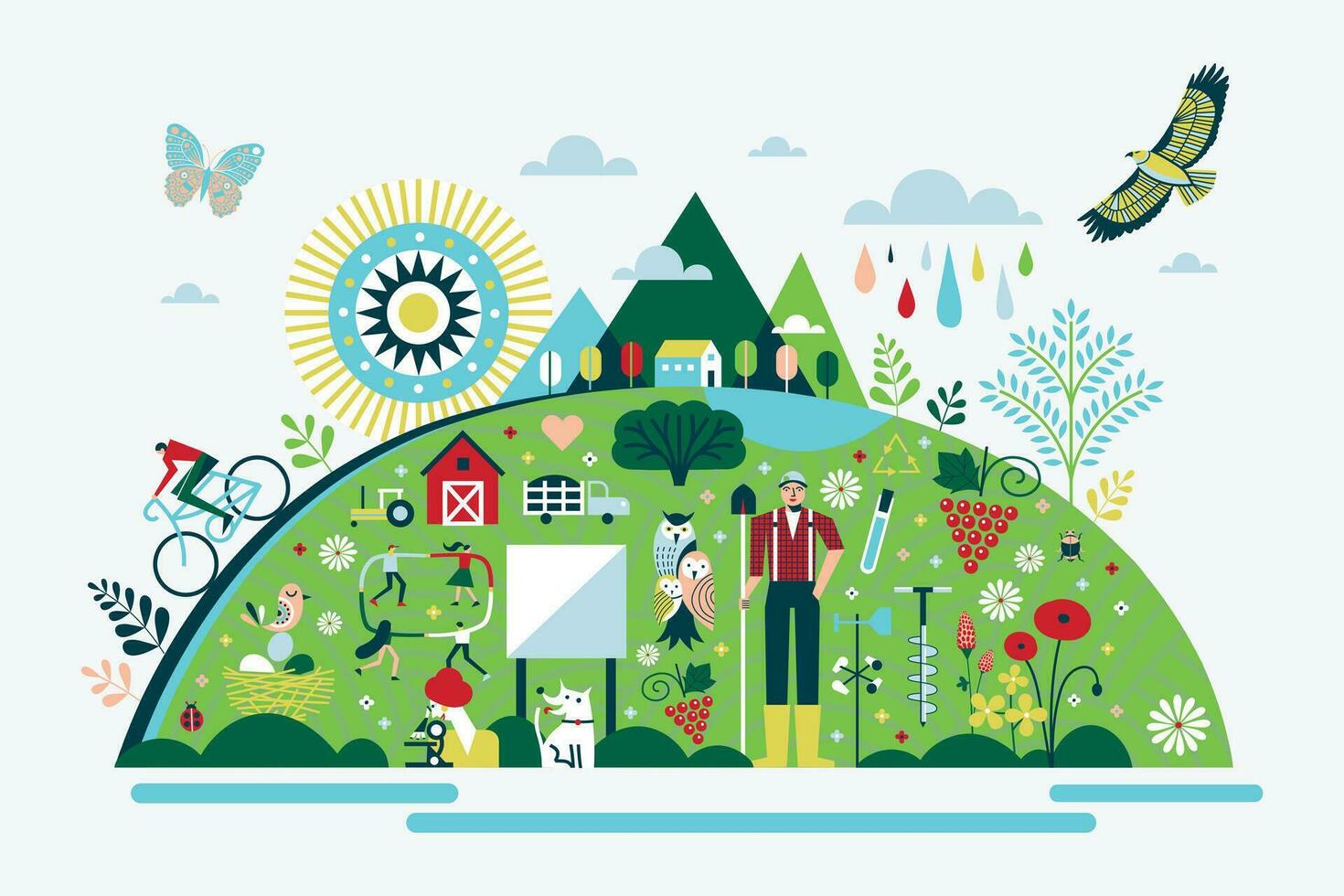 Vector illustration of rural landscape with flowers, plants and people. Flat style design.