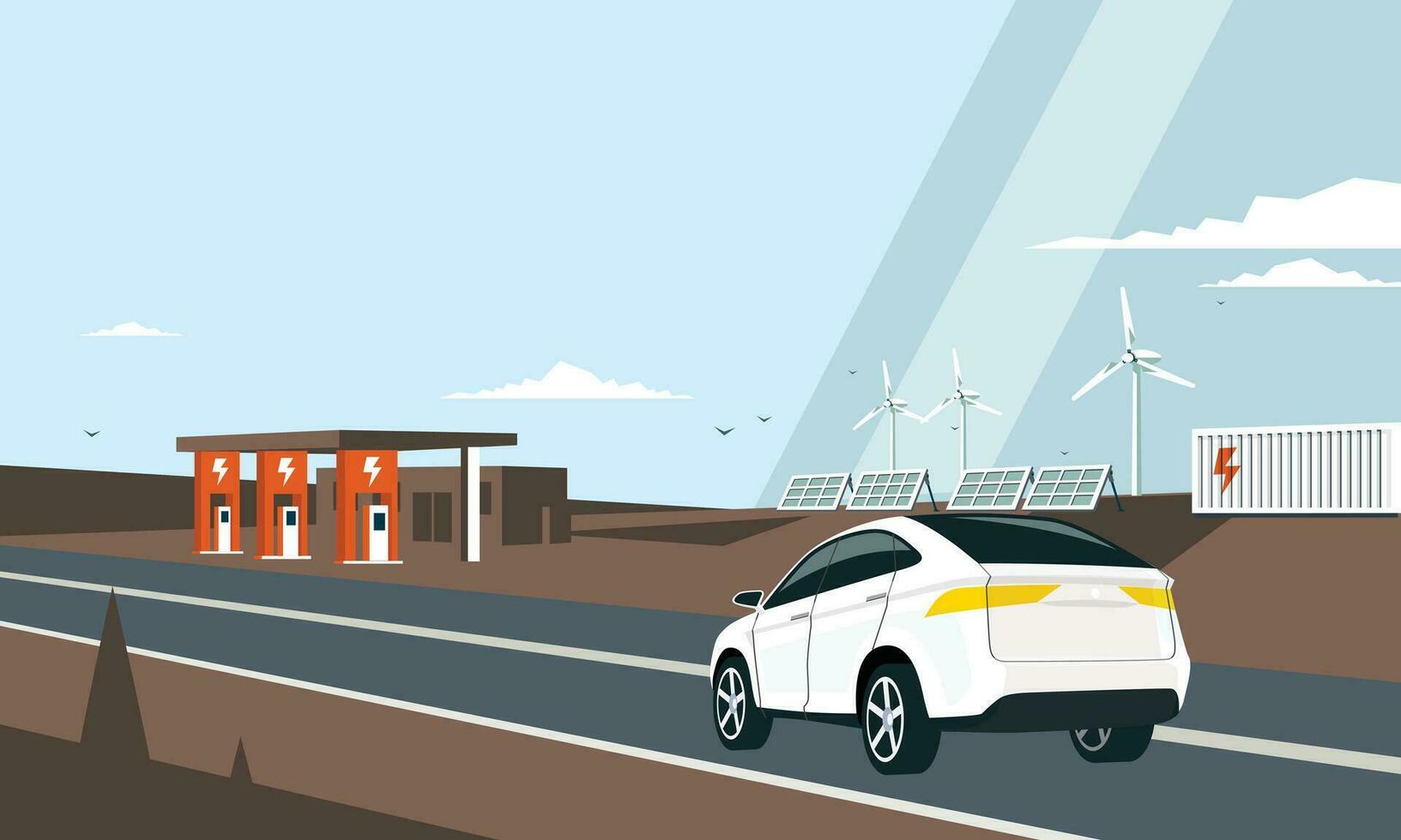 Car on the road with solar panels and wind turbines on the background vector