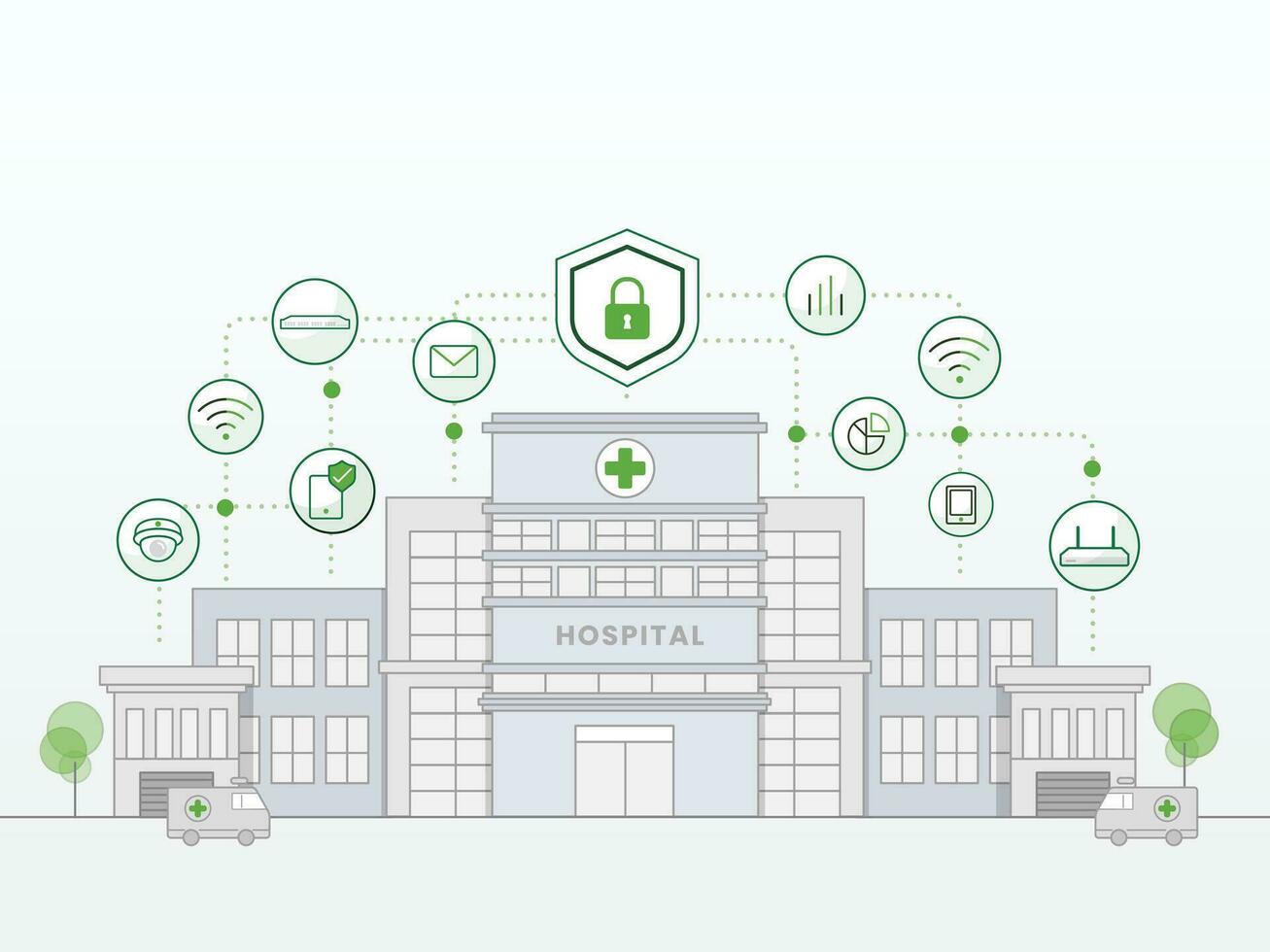Illustration of a hospital building and health insurance related icons around it vector
