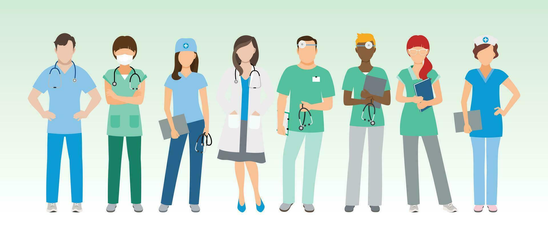 Set of doctors, nurses, and surgeons in uniform vector illustration.