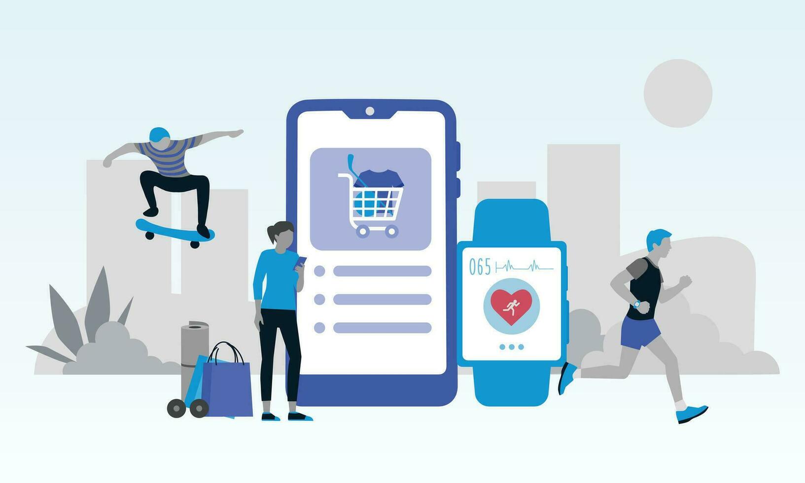 Online shopping concept. Vector illustration in flat design style. Smartphone, mobile phone, shopping cart and people.