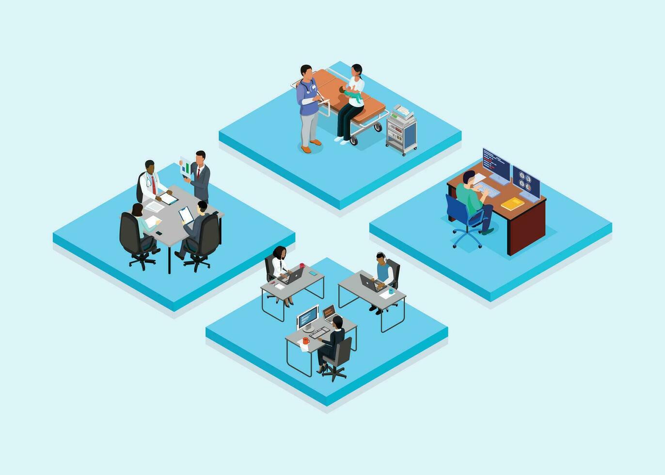 business people working in the office scene isometric icons vector illustration design