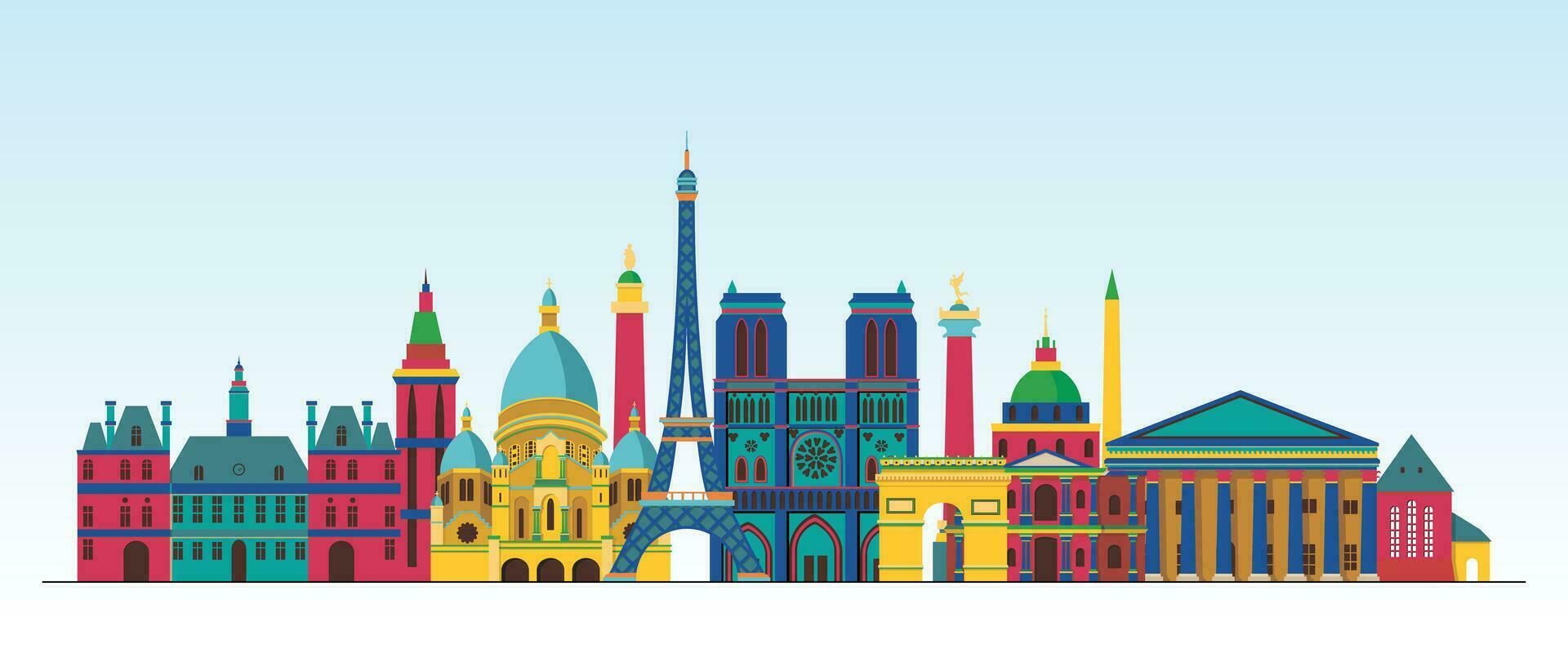 France Paris City Detailed Skyline And Landmark, Europe Famous Travel Place Colourful Building And Monument Digital Vector Illustrations