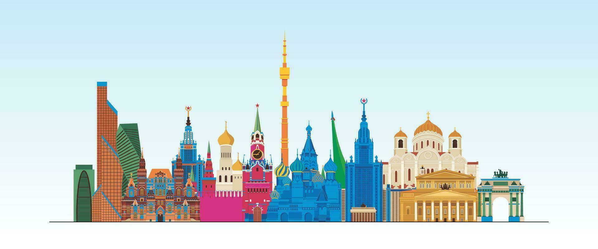 Russia Moscow Detailed Skyline And Landmark, Europe Famous Travel Place Colorful Building And Monument Digital Vector Illustrations