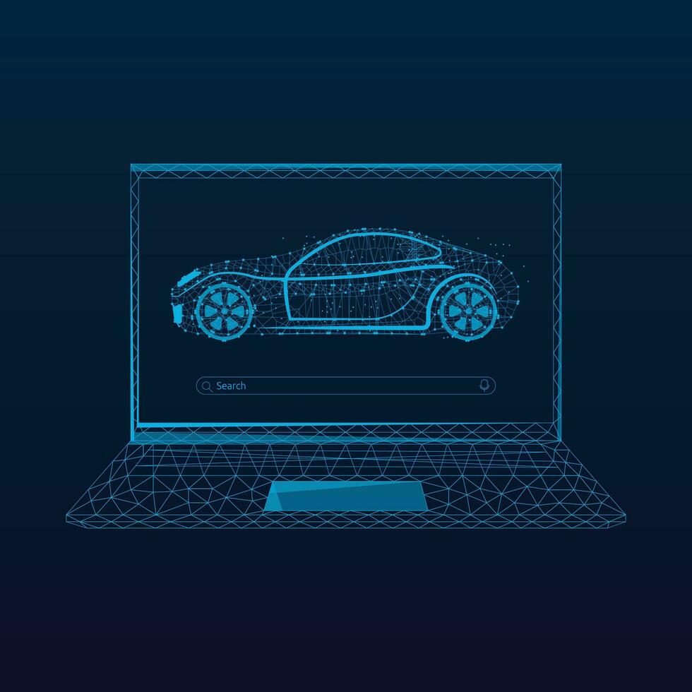 Laptop with sports car on the screen. Vector illustration in low poly style.