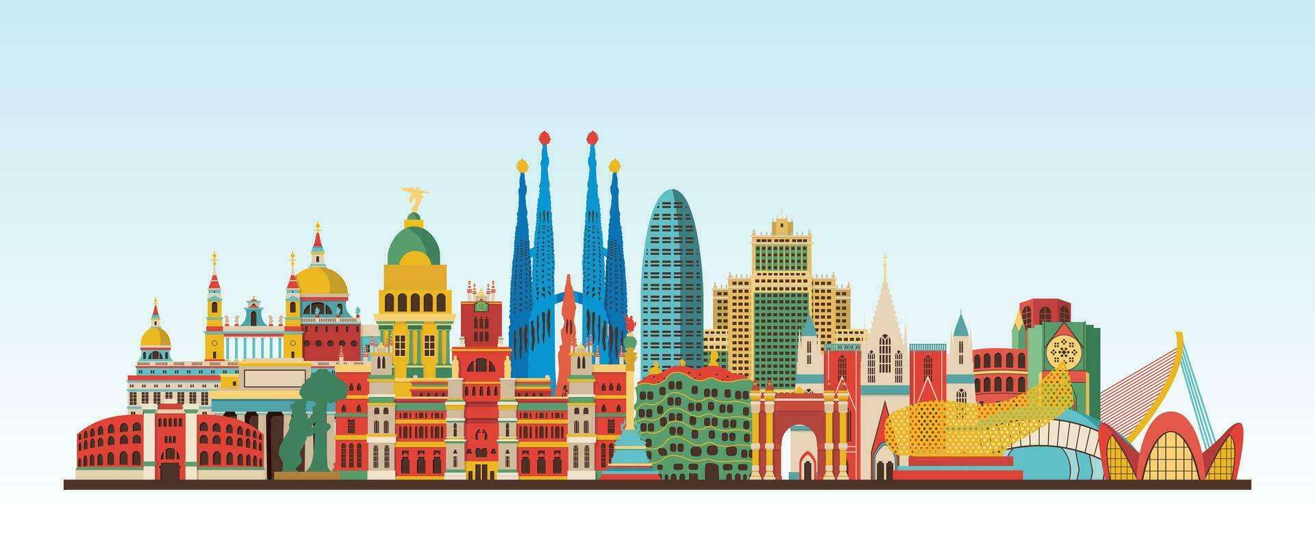 Spain City Detailed Skyline And Landmark, Europe Famous Travel Place Colourful Building And Monument Digital Vector Illustrations
