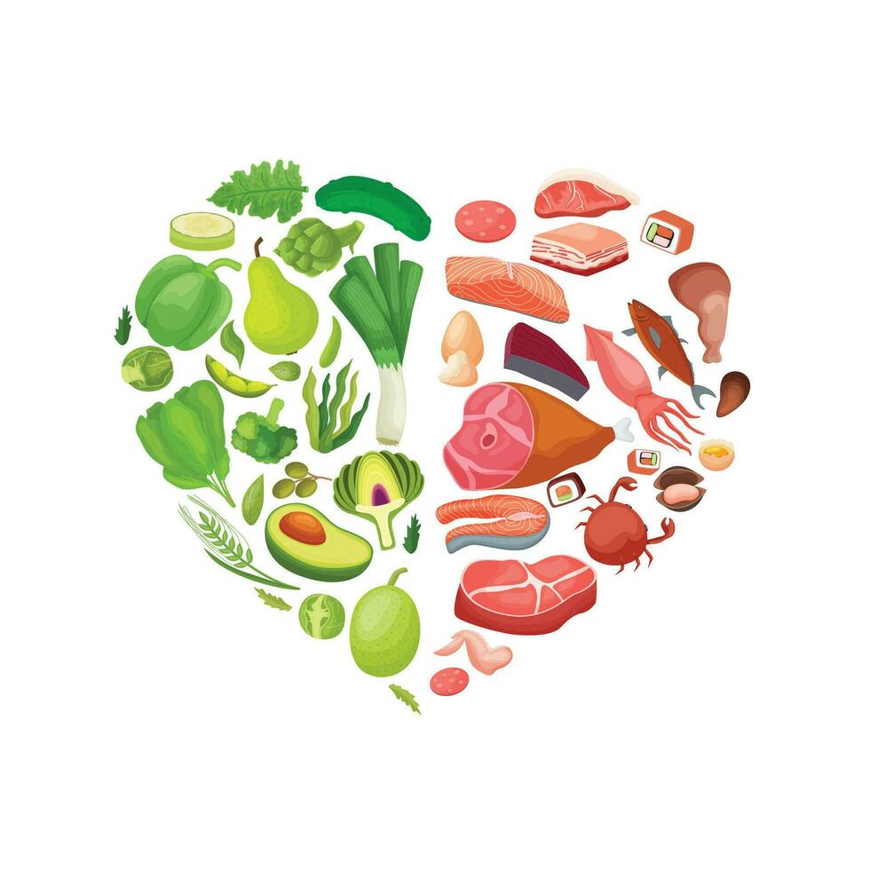 Heart made of fresh vegetables, meat, and seafood vector illustration.