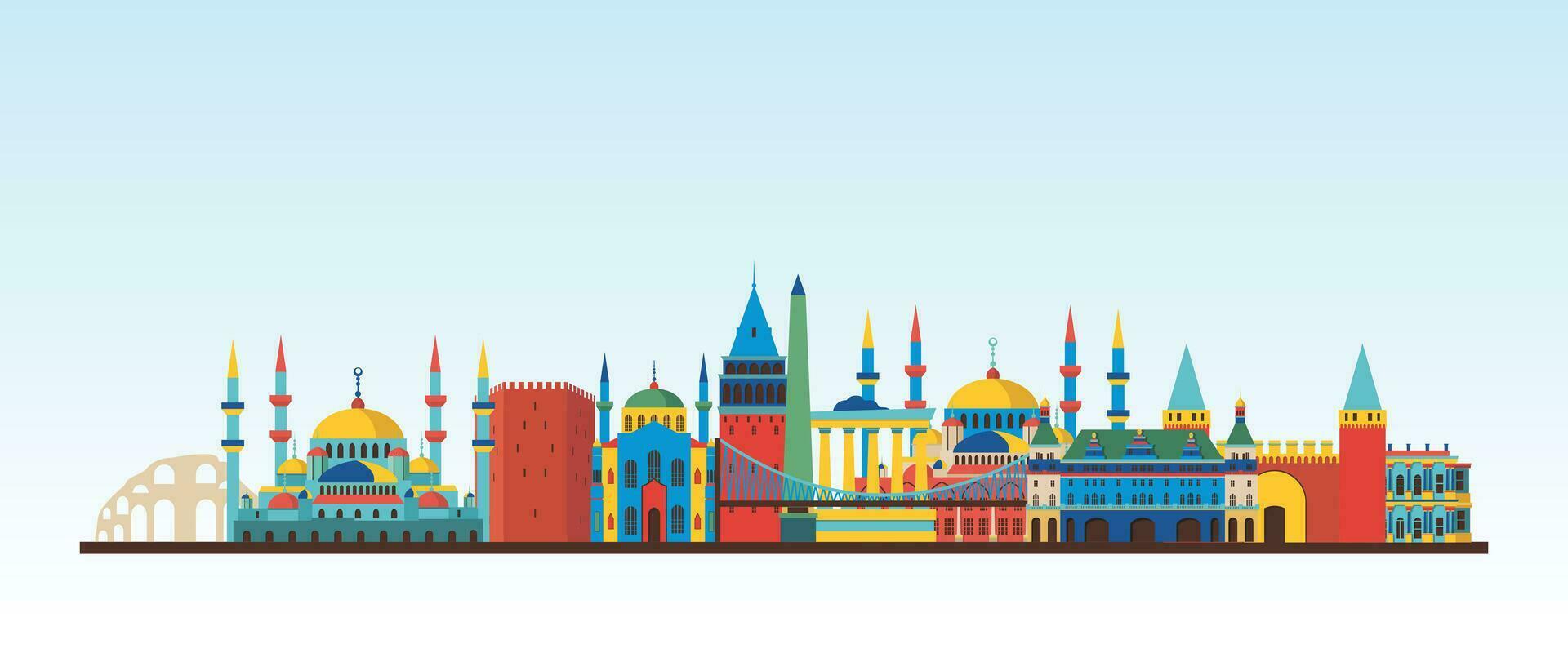 Turkey Istanbul City Detailed Skyline And Landmark, Europe Famous Travel Place Colorful Building And Monument Digital Vector Illustrations